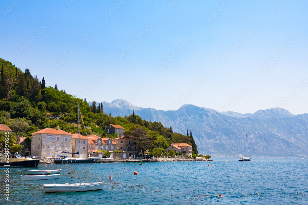 Village Perast on coast of Boka Kotor bay. Montenegro. Adriatic sea