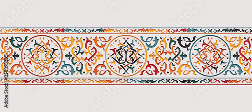 Ornamental colorful floral patterned stone relief in arabic architectural style of islamic mosque,greeting card for Ramadan Kareem