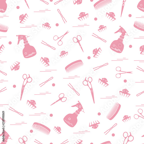 Cute pattern of scissors, combs, hairclip, hairpins and sprayer. For the provision of hairdressing services.