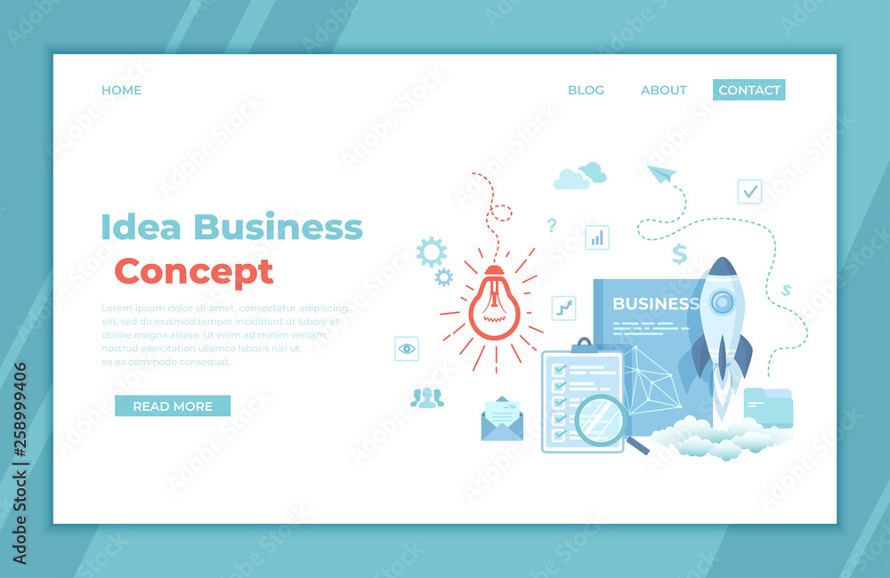 Idea Business Concept, Project Startup, Financial planning, Strategy, Realization and Success. Light bulb, rocket launch, business plan, clipboard, checklist. landing page for web, banner. Vector