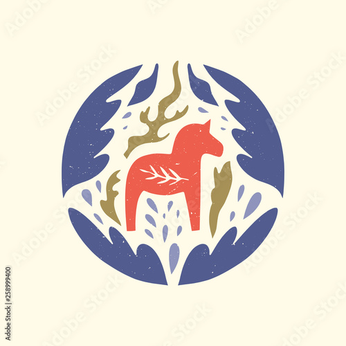 Swedish Dala red horse in the pattern, scandinavian folk design, floral ornament. Logo or label. Dalecarlian vector