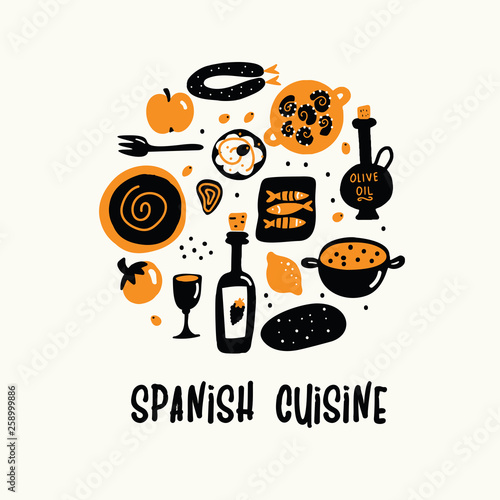 Vector cartoon illustration of spanish cuisine in circle.