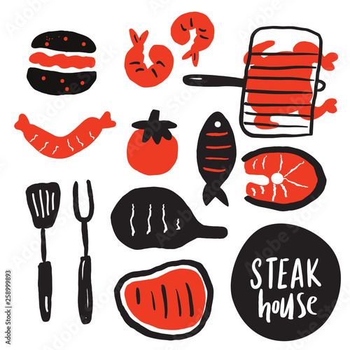 Hand drawn collection of grilled meat, steak etc. Steak house. Grill, steak restaurant menu concept. Vector
