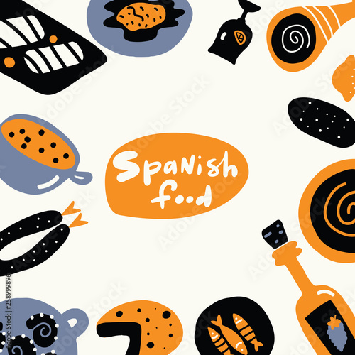 Spanish food. Hand drawn illustration, made in vector. Menu template.