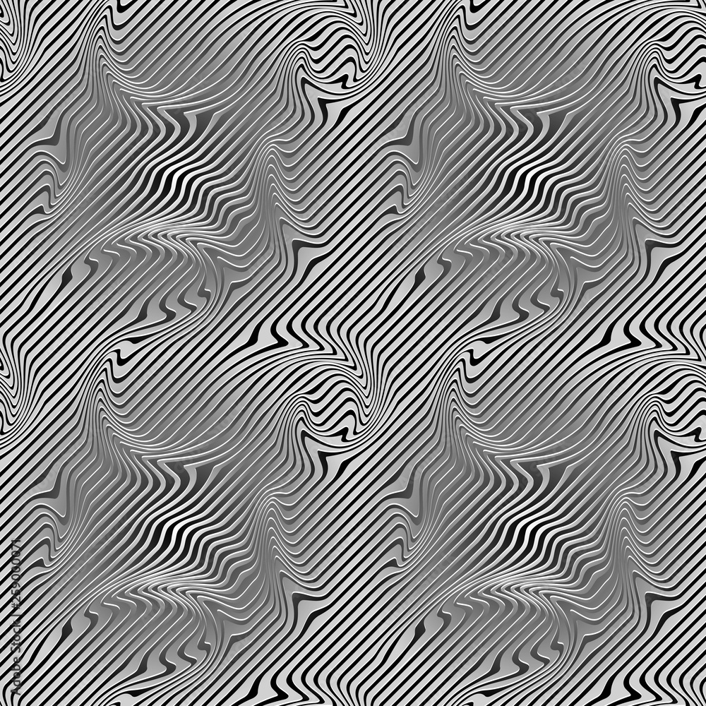 Abstract Illustration of Black and Gray Striped Background with Optical Illusion and Curved lines. Op art.