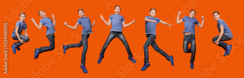 Boy jumping, running, waving with his hands in air