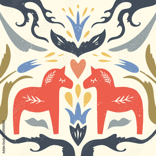 Swedish Dala red horse pattern, scandinavian folk design, floral ornament. Dalecarlian vector