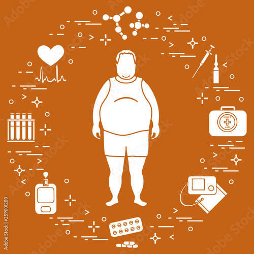 Fat man with medical devices, tools and drugs around him. Health and treatment.