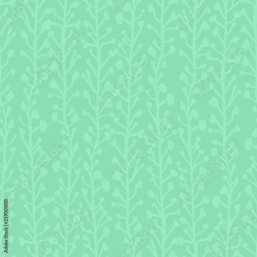 Subtle nature background. Seamless vector pattern of abstract plants in green hues. Branches and leaves growing in vertical direction. Simple foliage texture for fabric, page fill, banner, decoration