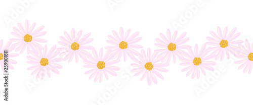 Fototapeta Naklejka Na Ścianę i Meble -  Aster flowers seamless vector border. Illustrated Daisy flowers pink endless pattern. Contemporary seasonal ditsy floral repeat tile. Hand drawn floral border for cards, summer decor, ribbons, fabric