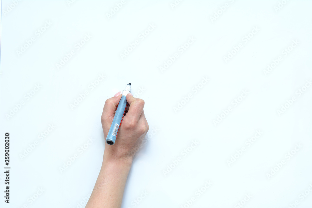 In the female hand a marker with which she draws on the office board. Concept - business success. Copy space In the female hand a marker with which she draws on the office board. Concept - business success. Copy space