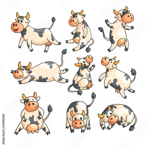 Funny spotted cows with different emotions in various poses isolated on white