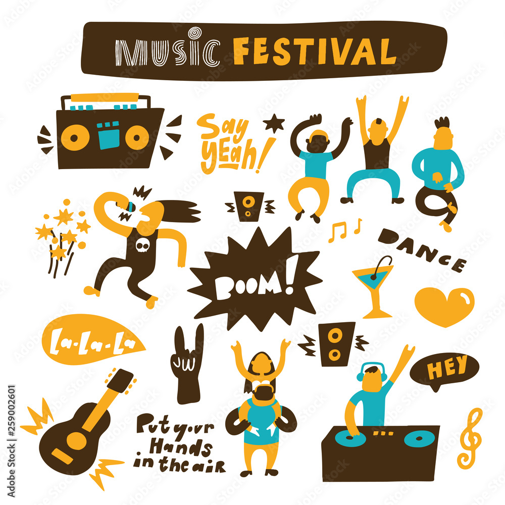 Fototapeta premium Music festival. Vector illustration of happy dancing people. Doodle style. Typography poster.