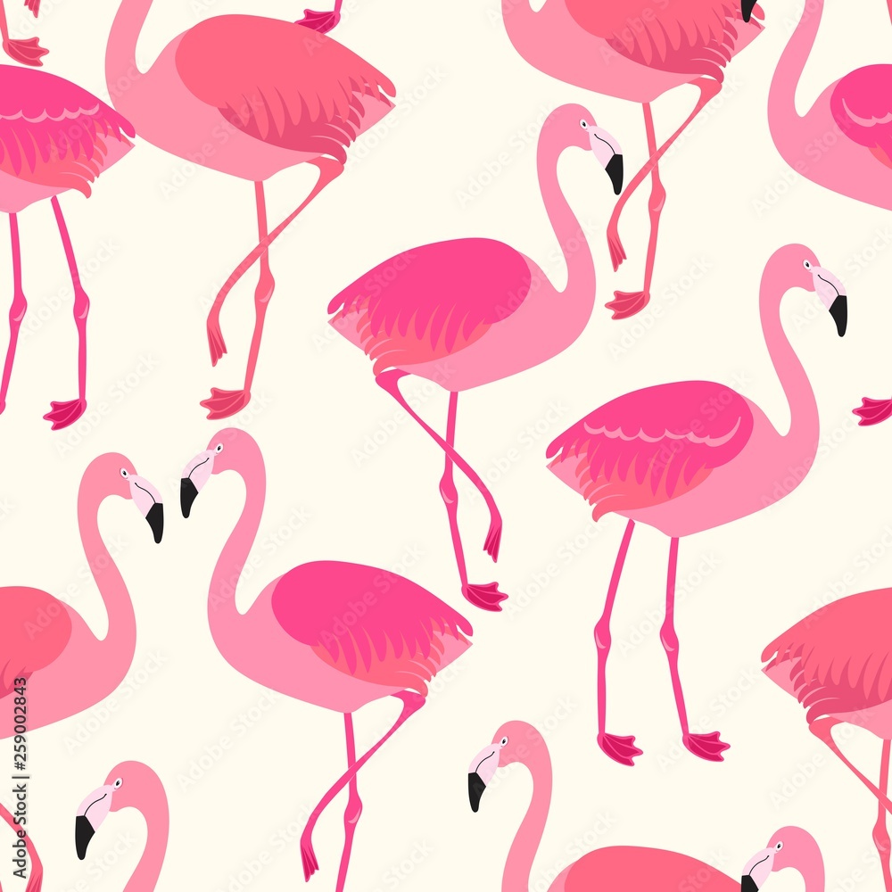 Fototapeta premium Allover seamless repeat pattern with sophicticated falamingos in pink and coral on an ivory background