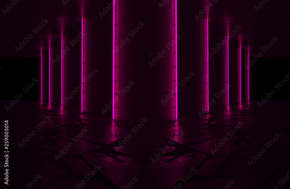 Background of an empty room with brick walls and neon lights, laser lines and multi-colored smoke Background of an empty room with brick walls and neon lights, laser lines and multi-colored smoke
