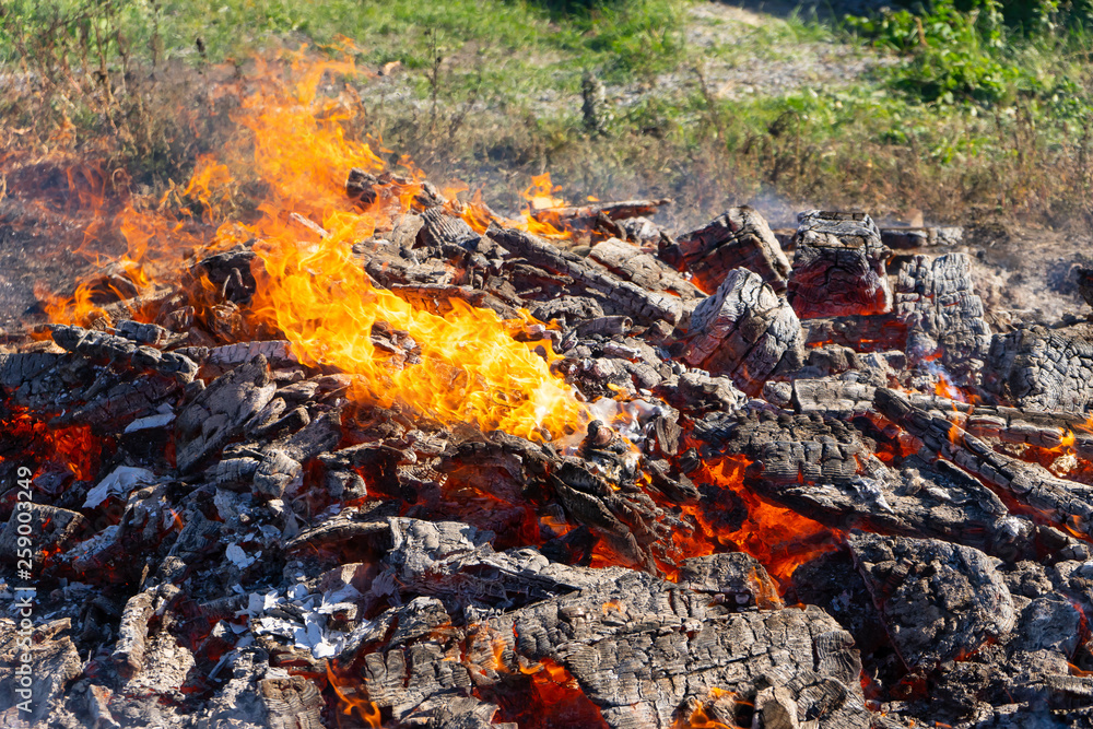 A large fire burning in the open. A large fire burning in the open.