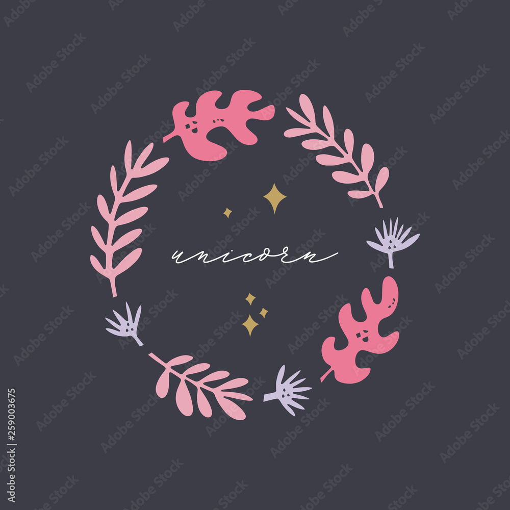 Unicorn text. Vector, clip art. Isolated text, vintage frame isolated on dark background. Lettering and floral pattern, plants