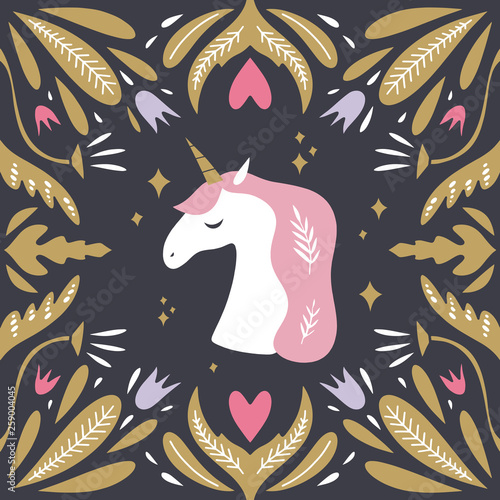 Vintage style postcard with unicorn pattern. Artemis symbol in ancient Greek mythology. Cartoon unicorn head, floral frame, unique print for posters, postcards, mugs, clothes and other