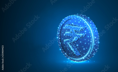 Rupee Golden Coin 3d illustration. Neon Polygonal Vector business, money, finance, cash, circle concept. Low poly wireframe, triangle, lines, dots, polygons. Blue background. RGB color mode