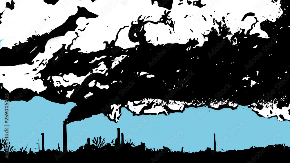 Climate change. Illustration of an industrial chimney with a lot of smoke.Blue color and popart.