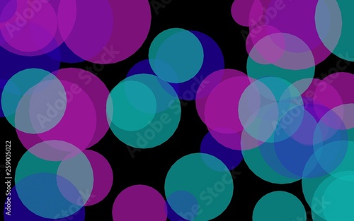 Multicolored translucent circles on a dark background. Pink tones. 3D illustration