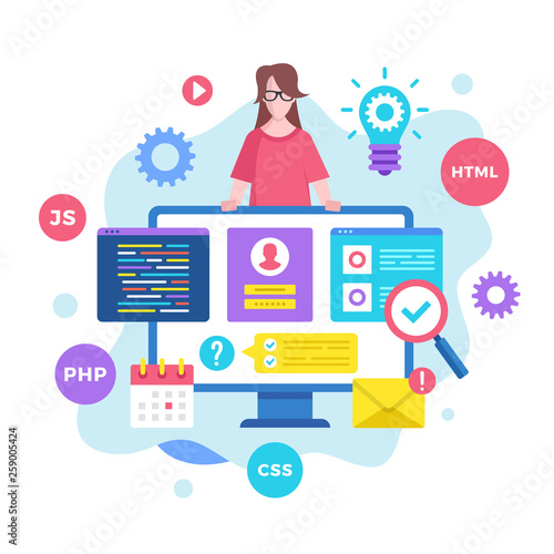 Front end development. Vector illustration. Web development, coding, programming. Modern flat design graphic elements
