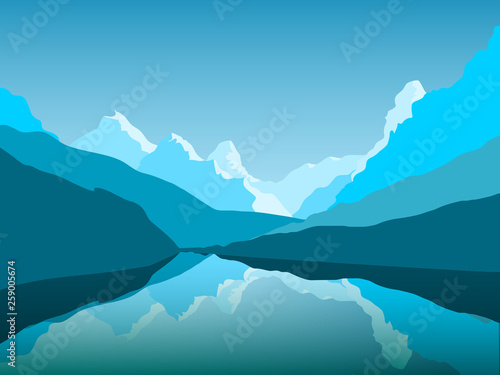 Vector mountain landscape. Blue peaks and valleys  snowy rocks and beautiful reflection in a big wild lake. 