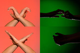 A set of characters on the fingers of human hands that are depicted by silhouettes on an isolated green background