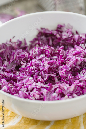 red cabbage shredded in white bowl