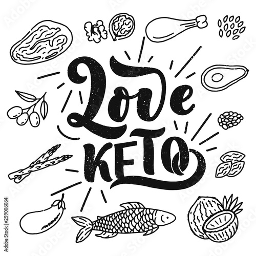 Sketch lettering with keto diet doodle elements for concept design. Hand drawn illustration. Food for Ketogenic