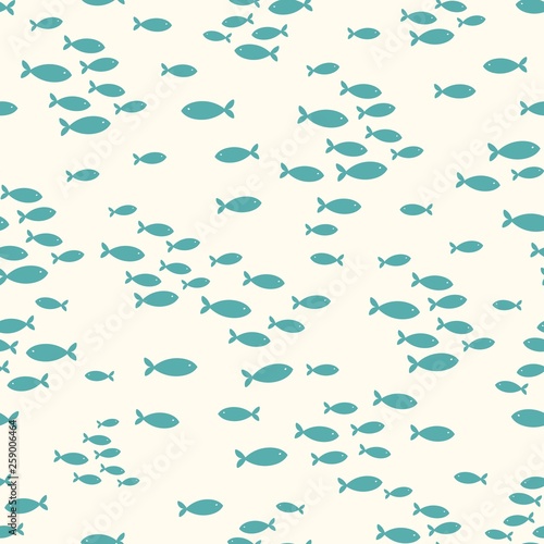 Photography Seamless repeat pattern with tiny teal fish schools on an ivory background