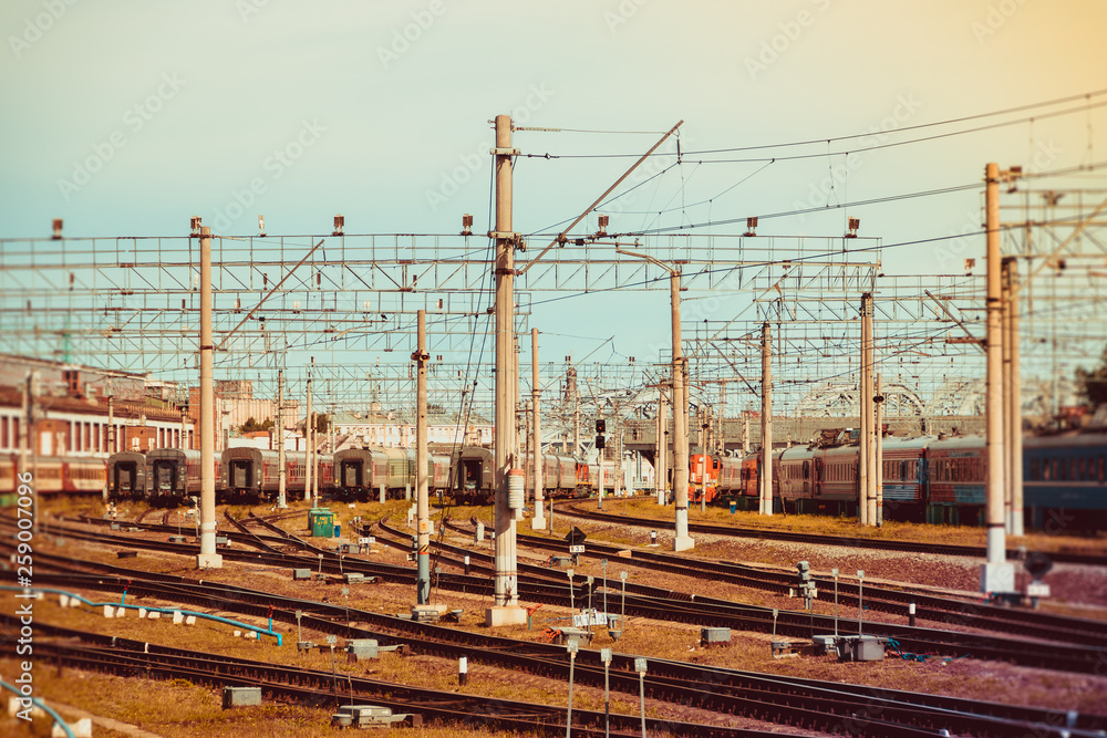 Fototapeta premium Rails of the Russian railway at sunset. Railway. Rails