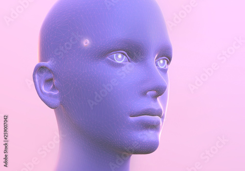 Android robot head with wireframe in neon colors. Human head with cyber microchip. Artificial intelligence. 3d render
