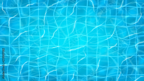 Vector banner with water surface in pool. Realistic transparent water with waves in pool. Vector illustration.