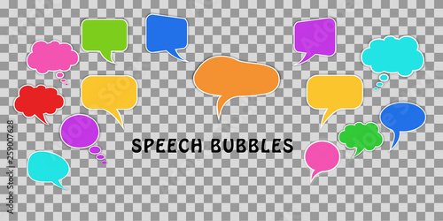 Communication concept. Set of comic colorful dialog speech bubbles isolated on transparent background. Design elements for chat message, questions, ideas or talk. Flat vector illustration.