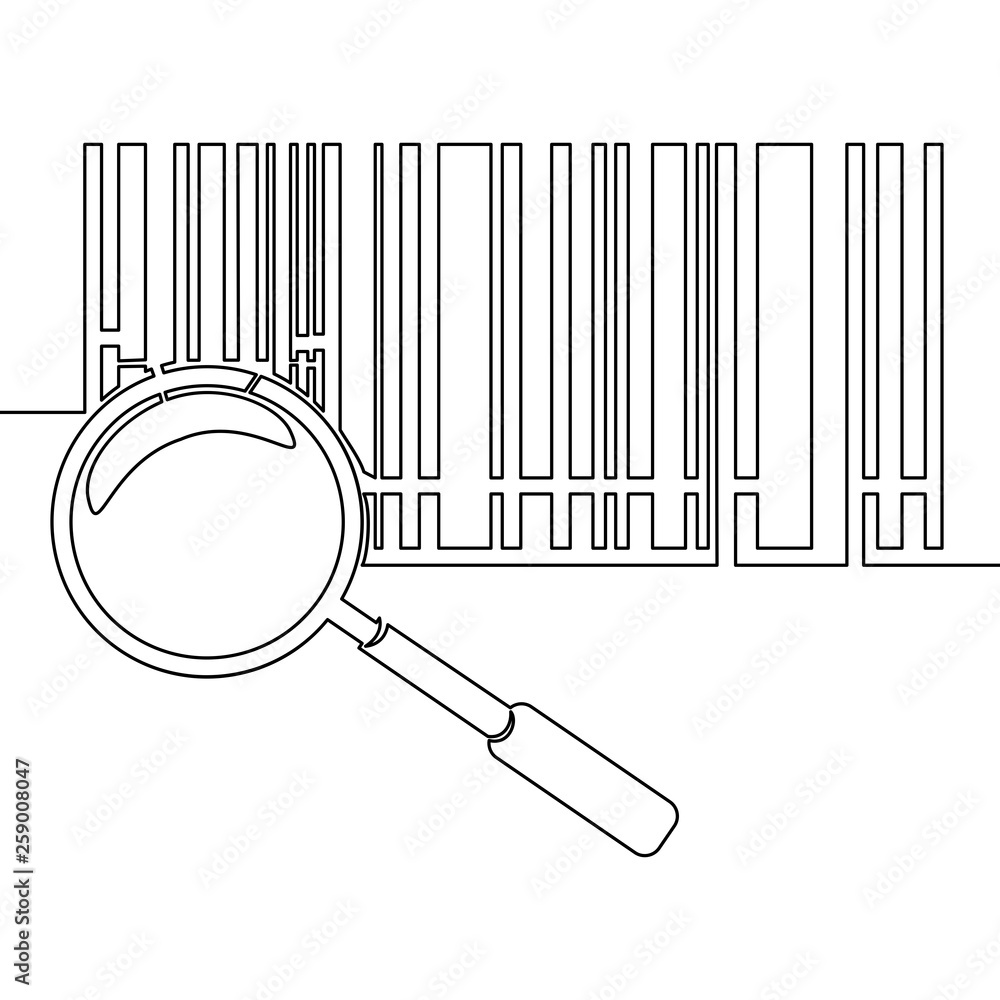 One line bar code with magnifying glass concept One line bar code with magnifying glass concept