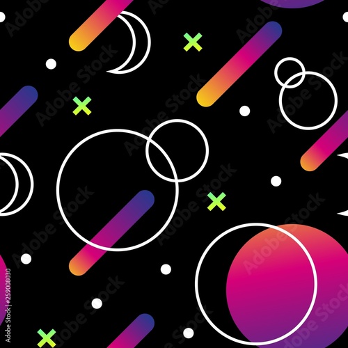 Colorful geometric pattern with simple geometric shapes and gradients. Trendy seamless pattern, black background. Seamless memphis pattern. Modern futuristic pattern and background.