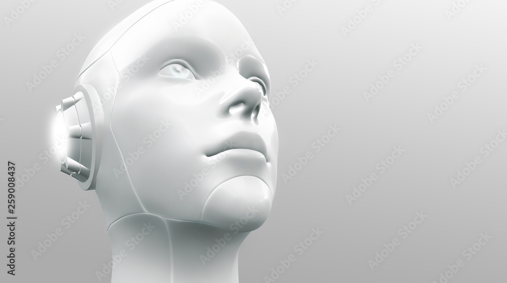 Realistic robotic head. Artificial intelligence, machine learning. Technology background. 3d render Realistic robotic head. Artificial intelligence, machine learning. Technology background. 3d render