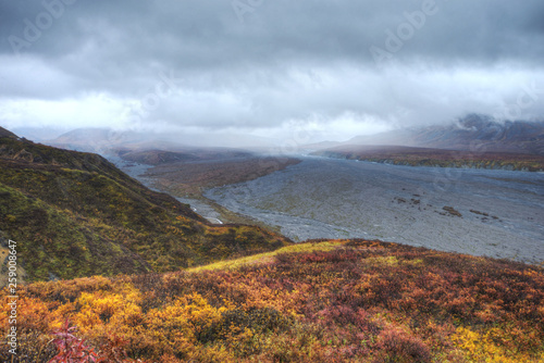 Fog lays around a braided river in Denali National Park. © bettys4240