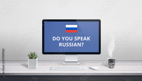 Do you speak Russian on computer display. Online lessons, study concept..