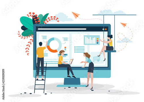 Business concept, social media, learning,  People  are creating  business on internet, analysis and problem solving, Online business promotion, Brainstorming together in team work.Vector illustration.