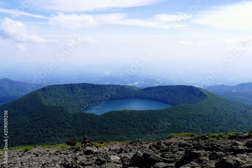 View of Onami Ike from top of Mt. Karakunidake, highest mountain in Ebino kogen area, Kyushu, Japan photo