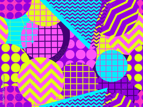 Seamless pattern with circles 1980s style. Retrowave. Geometric elements memphis. Vector illustration