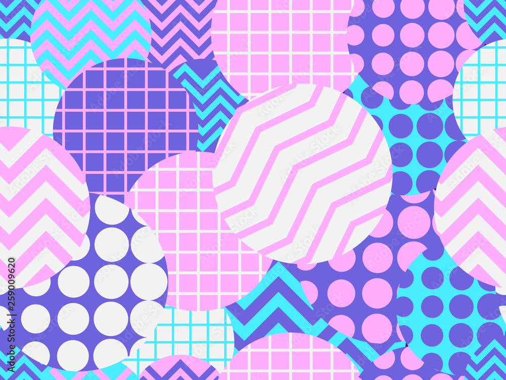 Seamless pattern with circles 1980s style. Retrowave. Geometric elements memphis. Vector illustration