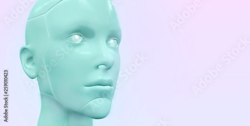 Realistic robotic head in neon colors. Artificial intelligence, machine learning. Technology background. 3d render