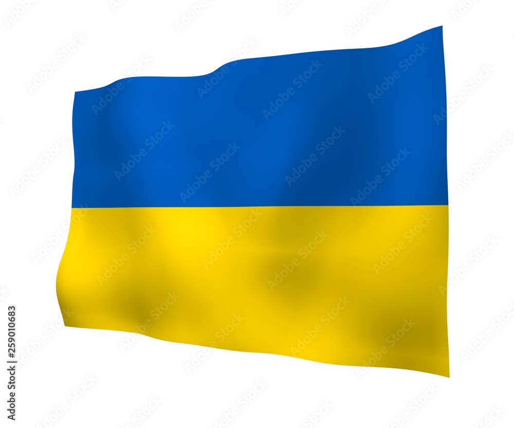 The flag of Ukraine on a white background. National flag and state ensign. Blue and yellow bicolour. 3D illustration waving flag The flag of Ukraine on a white background. National flag and state ensign. Blue and yellow bicolour. 3D illustration waving flag