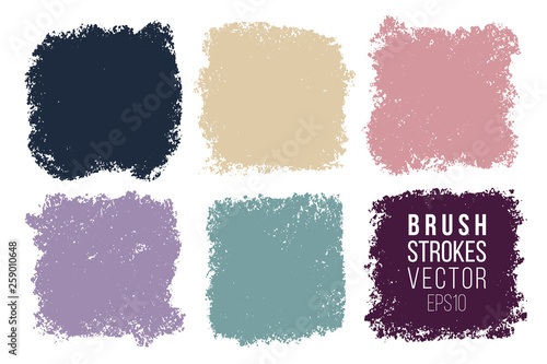 Vector set of big hand drawn brush strokes with splashes, stains for backdrops. Colorful design element set. Bright color artistic hand drawn backgrounds square shapes. Painted patches.