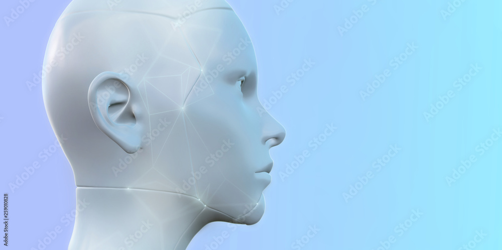 Realistic robotic head with abctract lines and dots. Neural network , deep learning , artificial intelligence in virtual reality. 3d render Realistic robotic head with abctract lines and dots. Neural network , deep learning , artificial intelligence in virtual reality. 3d render