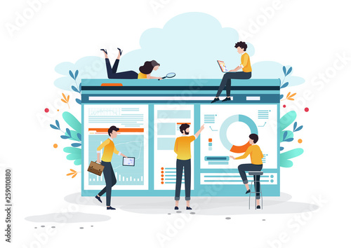 Business concept  for banner and website. Collaborative team In data analysis, Management together with the creation of works.social media,learning.Vector illustration.