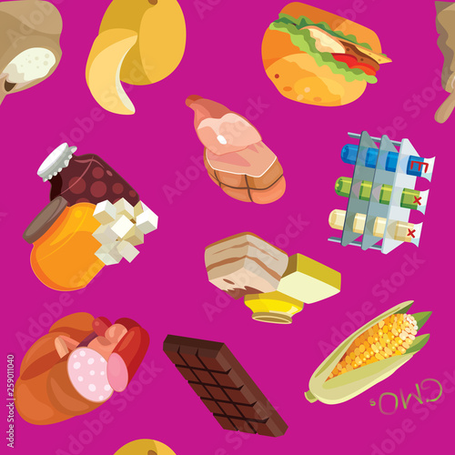 Fast food, sausages, heavy foods, fast carbohydrates, smoked foods, GMOs, semolina, refractory fats, chocolate, chemical additives